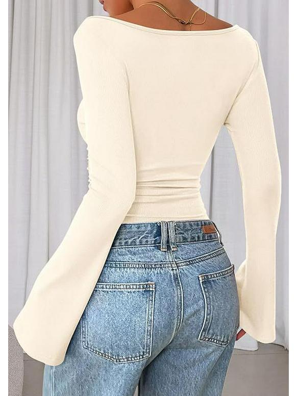 2025 Autumn Slim Fit Women's Boat Neck Bell Sleeve Ruched Top - Solid Color, Long Sleeve