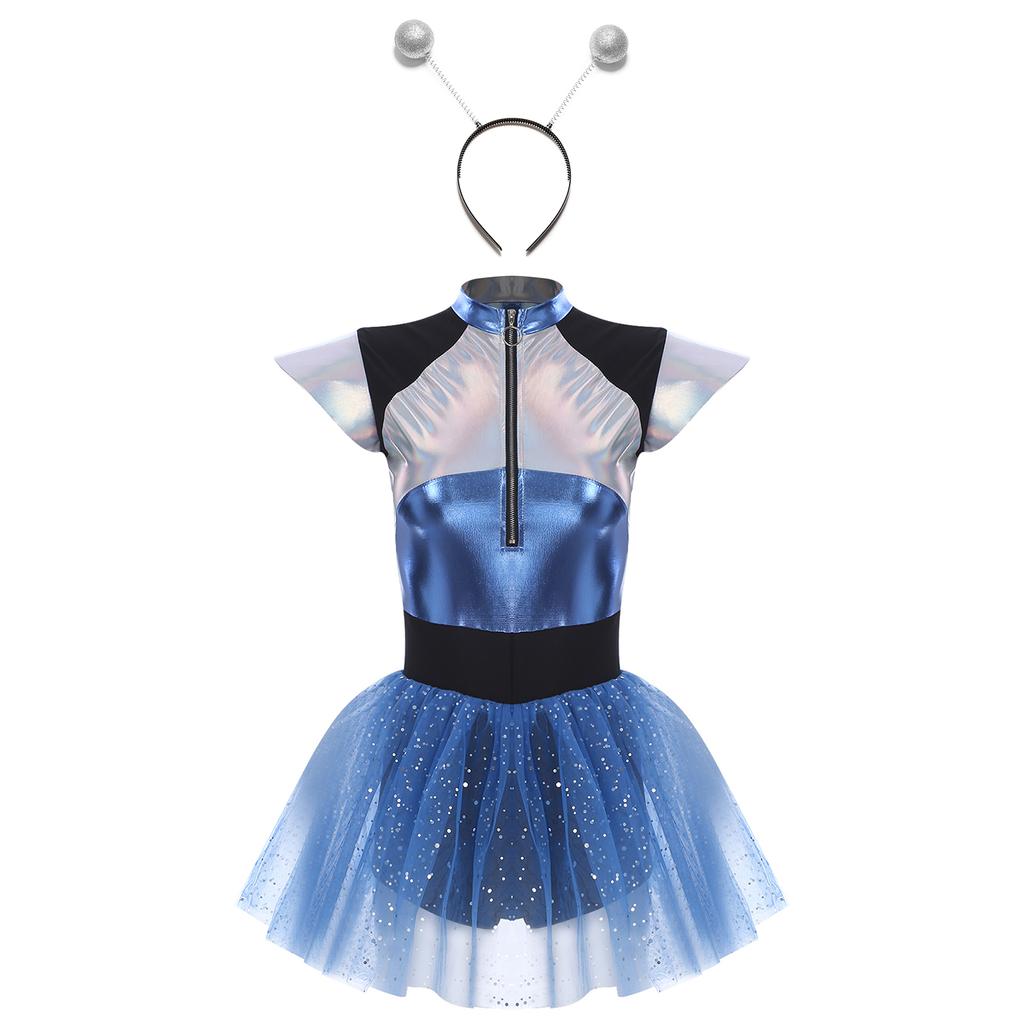 Womens Space Cadet Costume Fly Sleeve Front Zip Sequined Tulle Skirt Boyshorts Spaghetti Jumpsuit with Silver Hair Hoop Headband for Alien Astronaut