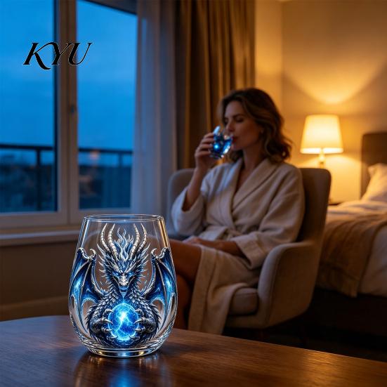 Fantasy Themed Drinking Cups Mythic Dragon Glass Art Cup, 3D Sculpted with Crystal Ball, Novelty Gifts 400ml Whiskey Tumbler for Bourbon Cocktails,