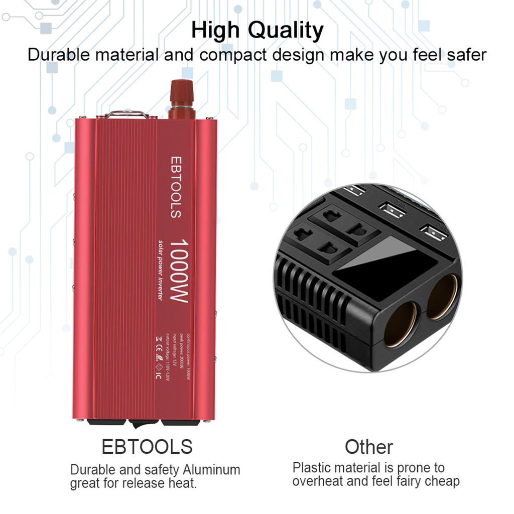 Car Power Inverter EBTOOLS 1000W 2000W Inverter 12V DC To 110V AC Car Converter with 2 AC Out