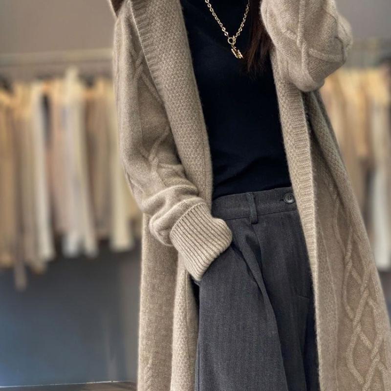 Женское плотное вязаное пальто с капюшоном - Средней длины, Ниже колена, Осенняя/Зимняя верхняя одежда