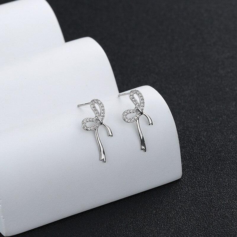 Серьги-гвоздики для пирсинга из стерлингового серебра 925 пробы с цирконием и бантом для женщин и девочек, украшения на свадьбу и день рождения Pendientes Eh1653