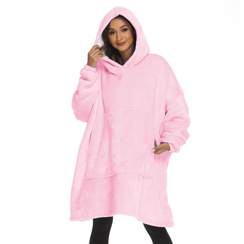 Solid Color Winter Fleece Hooded TV Blanket With Pocket Adults