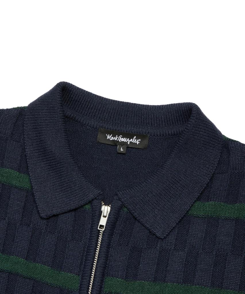 MARK GONZALES Angel Stripe Polo Knit Cardigan - Navy