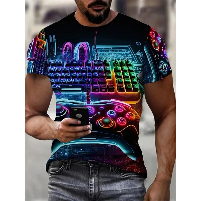 3D Digital Print Men's Casual Vibrant Neon Game Controller Design T-Shirt New In Crew Neck Short Sleeve Gamer T Shirt For Men