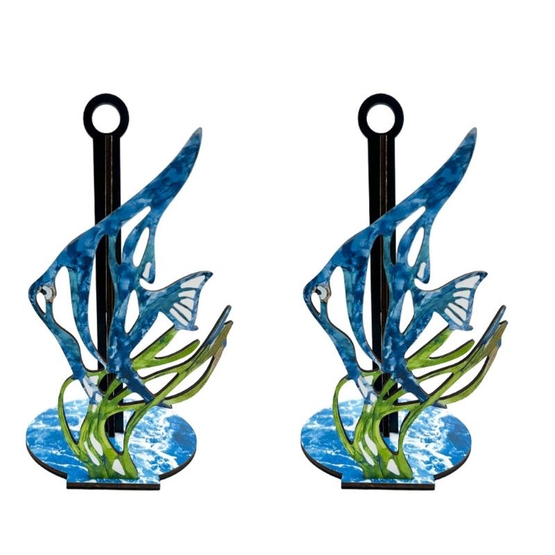 Paper Towel Holder with Wooden Fish and Seaweed Design, Freestanding Tabletop Roll Stand for Kitchen Counter and Dining Table, 10.15 Inch