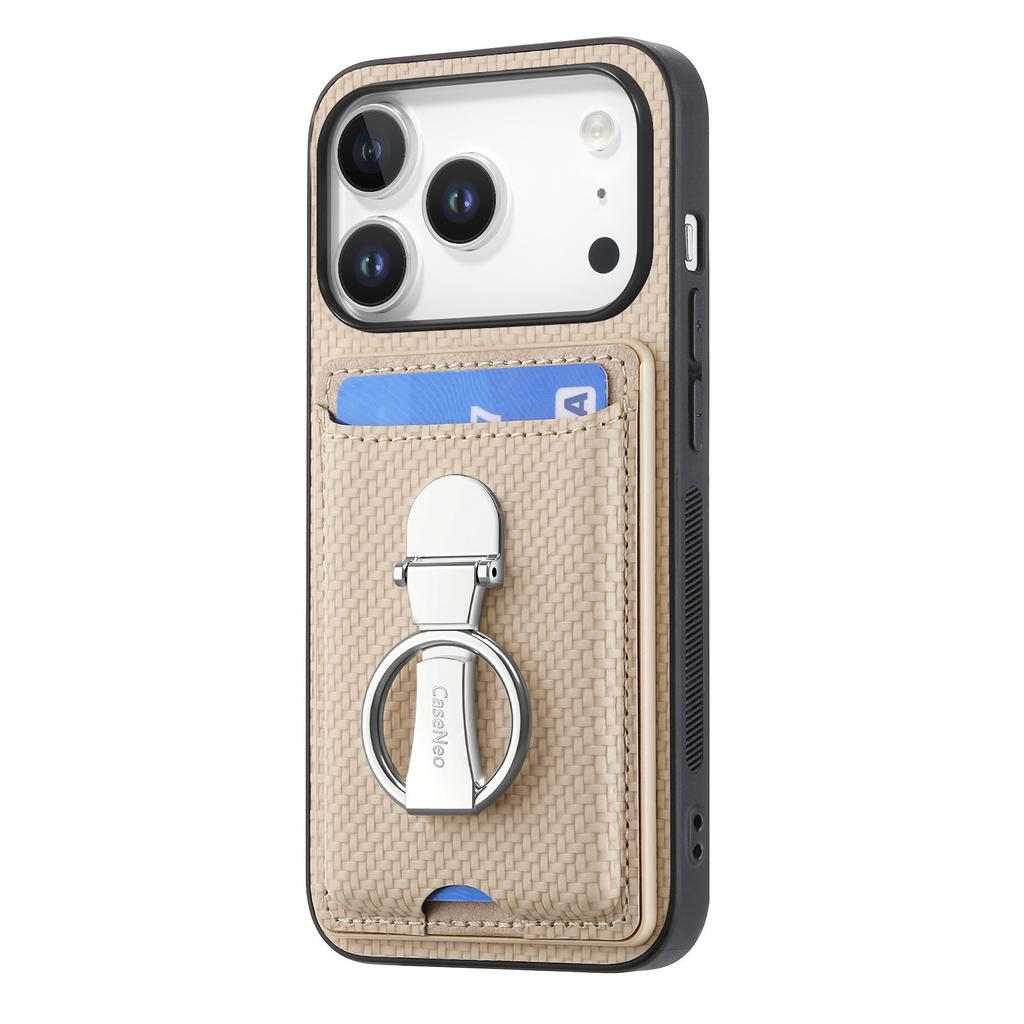 For iPhone 17 Pro Leather Phone Back Cover with Kickstand and Card Slots Carbon Fiber Texture