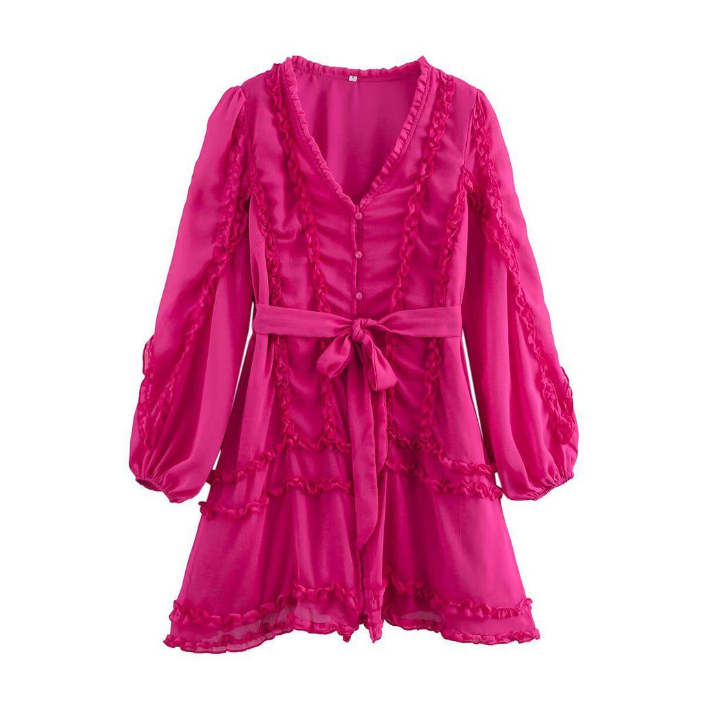 2025 Spring Women's European-American V-Neck Chiffon Ruffle Long Sleeve Dress