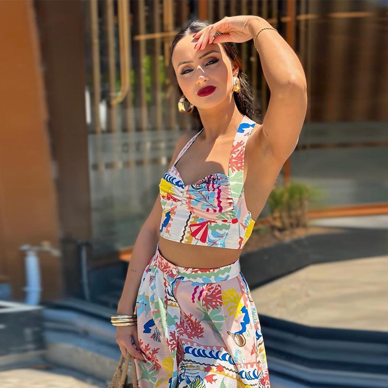 Женские сексуальные напечатанные юбки-халтер, летние костюмы без рукавов, укороченный топ с открытой спиной, однобортные юбки с разрезом, комплекты из двух частей