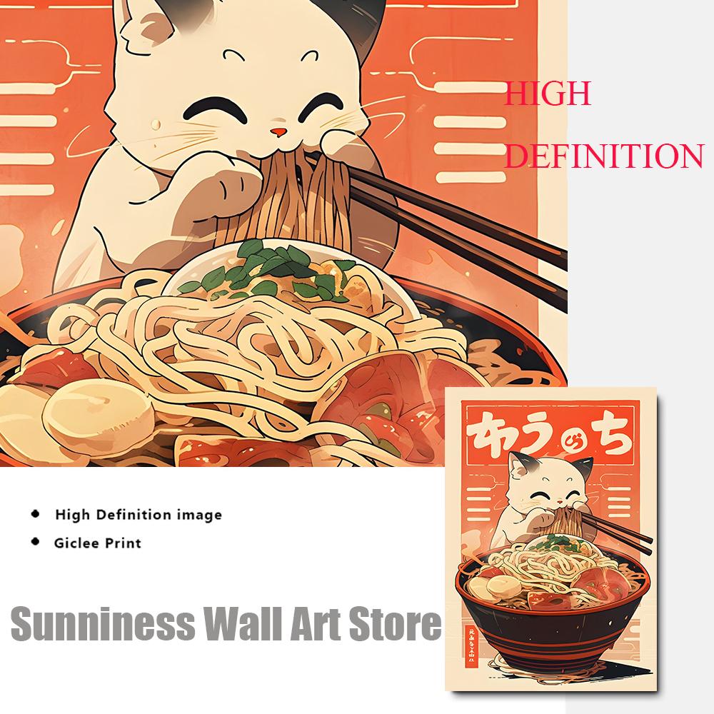 Kawaii Japanese Ramen Canvas Painting Animal Cats Posters and Prints Noodles Food Wall Pictures for Kitchen Room Home Decoration