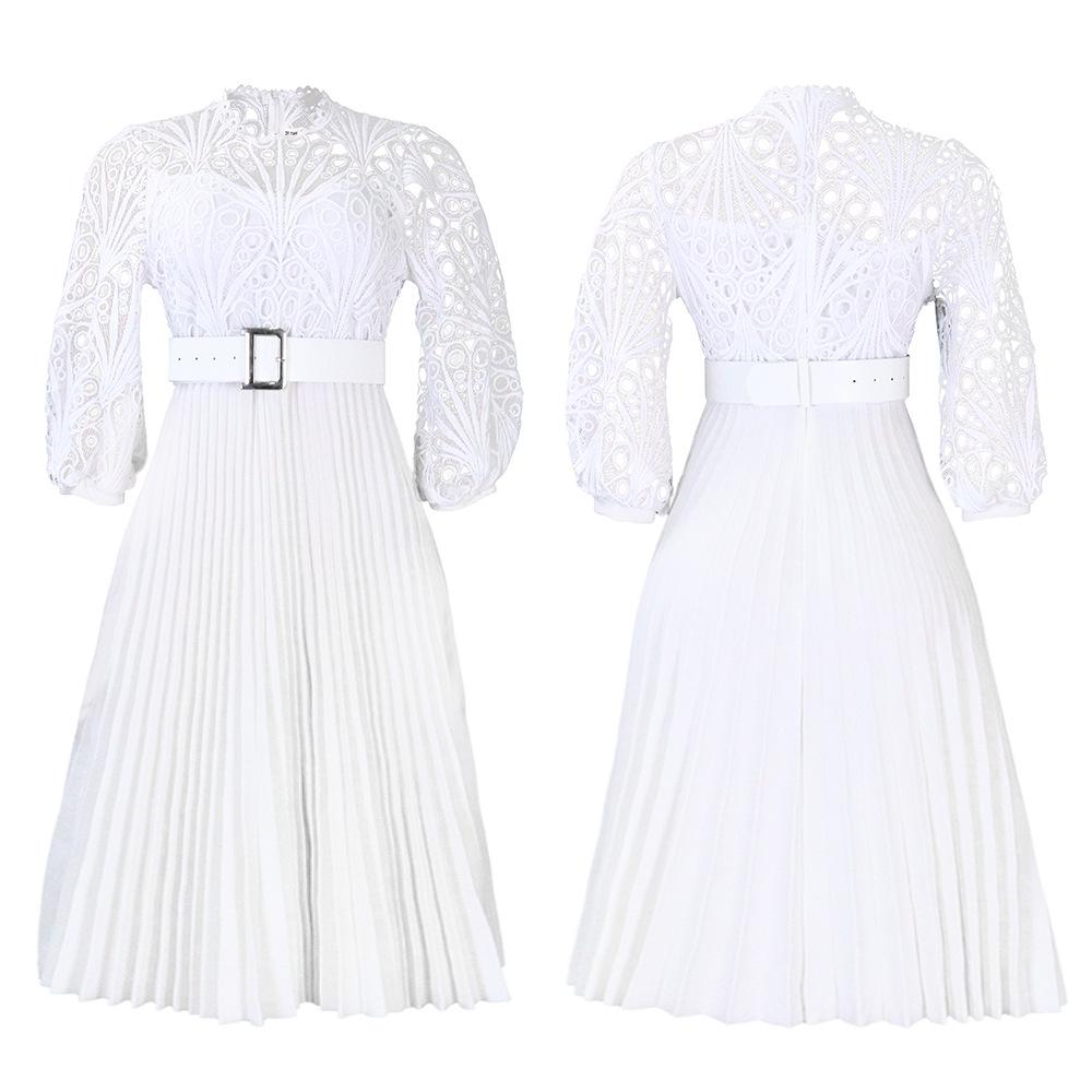Летнее платье большого размера с кружевным крючком и цветком, сексуальное плиссированное платье в европейском и американском стиле с вырезами