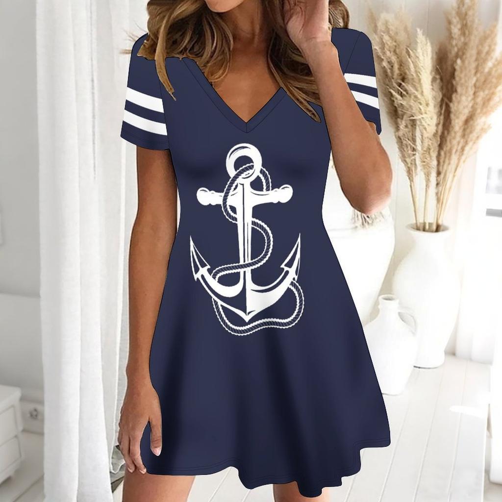 Summer Fashion Women's V Neck Short Sleeve Multifaceted Mix-and-Match Printed  Dress Sex Short Skirt Dresses