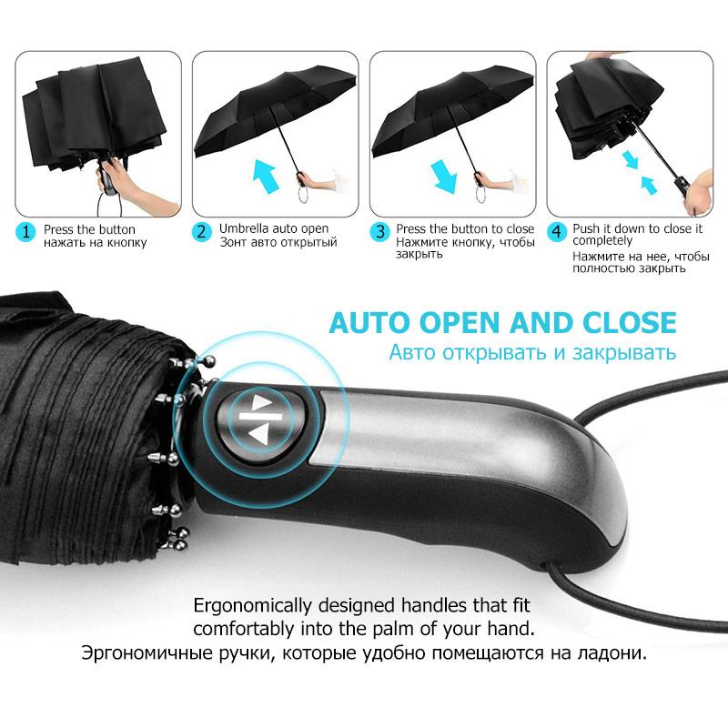 Wind Resistant Folding Automatic Umbrella Rain Women Auto Luxury Big Windproof Umbrellas Rain For Men Black Coating 10K Parasol