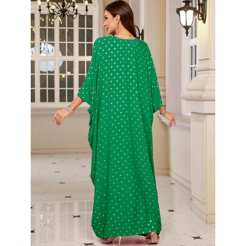 Женская мода весна осень горошек принт длинный рукав V-образный вырез свободная талия повседневные платья