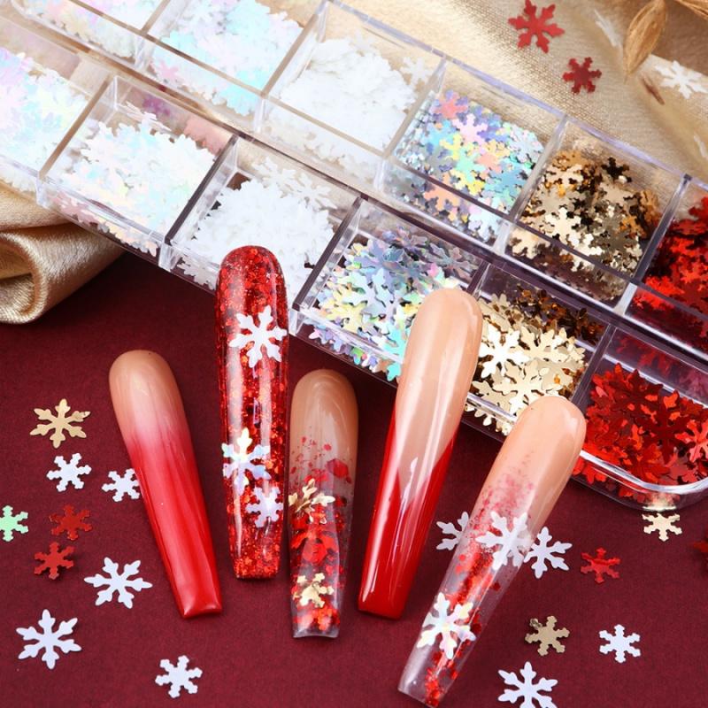1boxChristmas Snowflake Nail Art Glitter Decorations Autumn Winter Red Gold White Snowflakes Mixed Colors Wearable Nail Glitter
