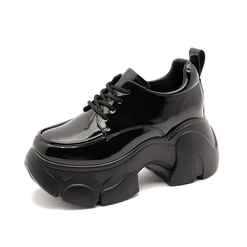 Fashion 7.5CM Full Cow Genuine Leather Black Platform Sneakers Wedge Female Fashion Autumn Spring Casual Ladies Moccasin Woman Shoes