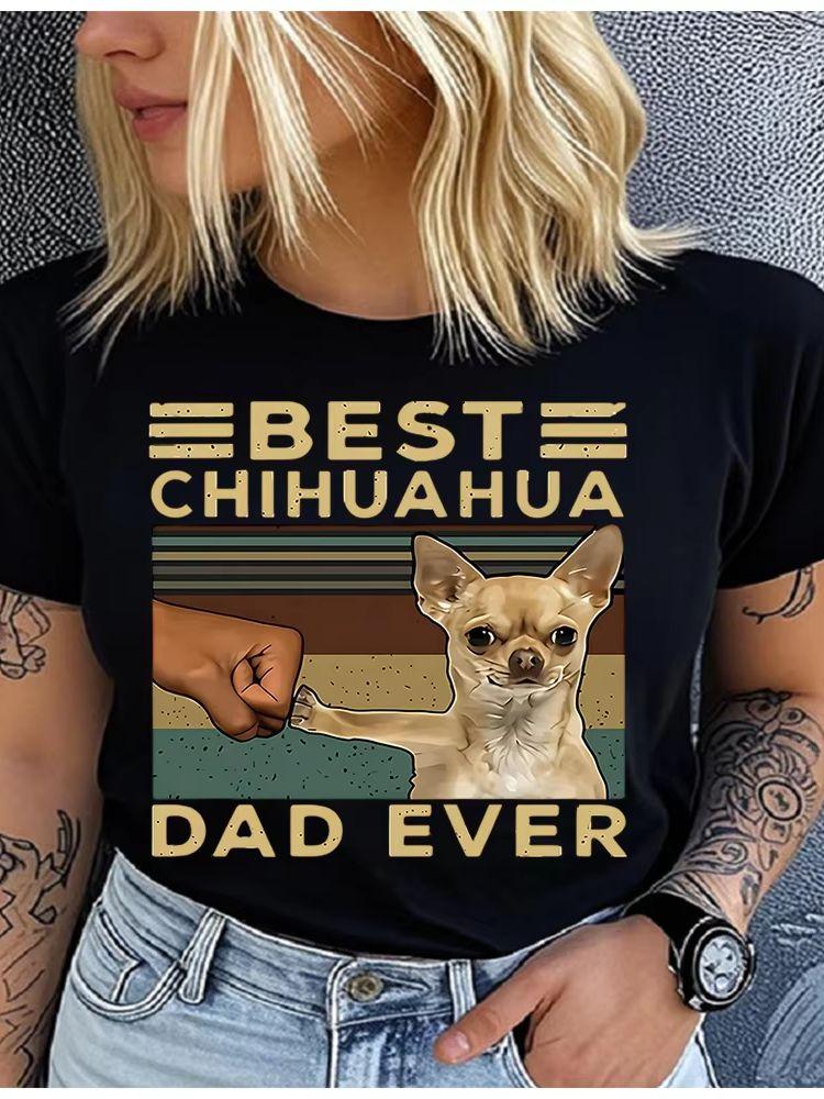 Cotton  Retro Striped Best Chihuahua Dad Ever Fist Bump Puppy Print Oversized T Shirt Chihuahua Dog Papa Street Casual Tee