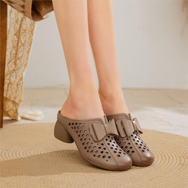 Johnature Женские тапочки из натуральной кожи с толстым каблуком и цветочным узором, с круглым носком, универсальная женская обувь