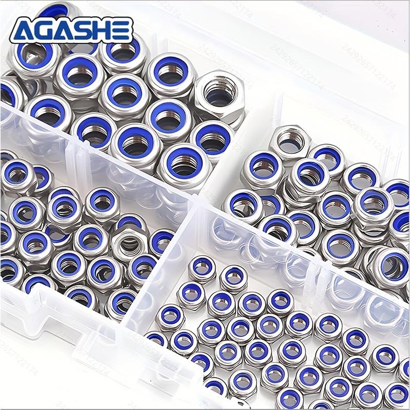 160pcs Stainless Steel Nylon Locking Nuts - Anti-Slip, Self-Locking Hex Cap, Full/Right Thread, M3-M6. Durable, Nylon Inserts, f