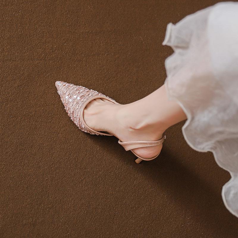 2024 Французские розовые босоножки со стразами и пайетками на шпильке