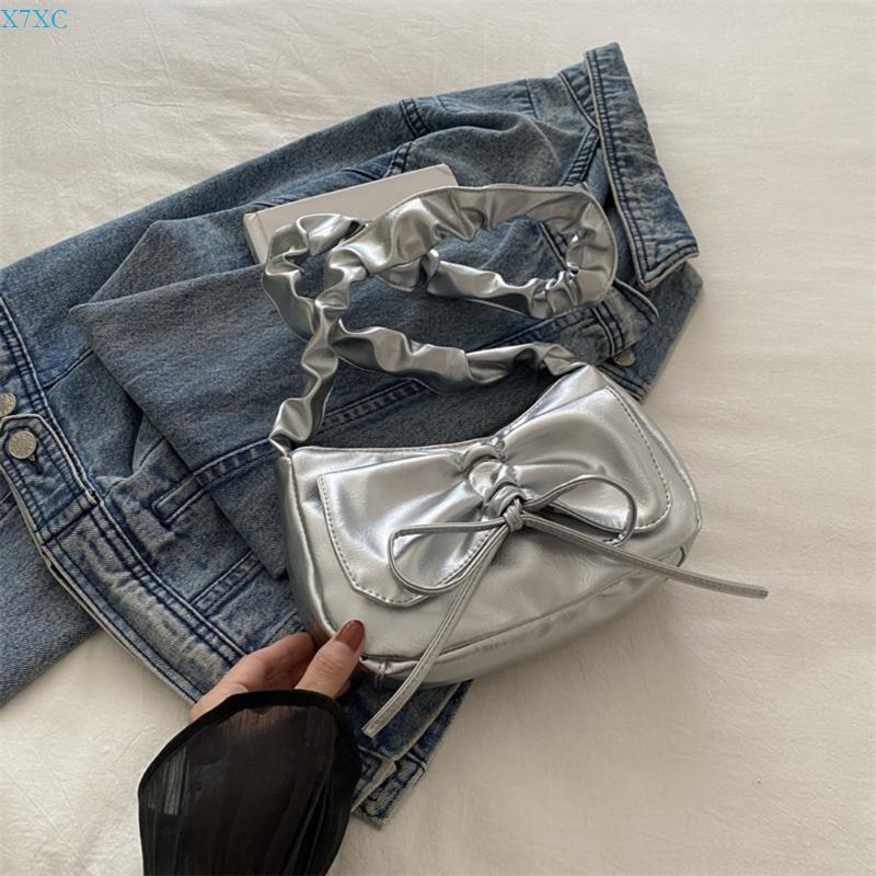 X7XC Trendy Pleated Bowknot PU Leather Shoulder Handbag Elegant Zippered Ruched Underarm Bag Purse for Students and Women