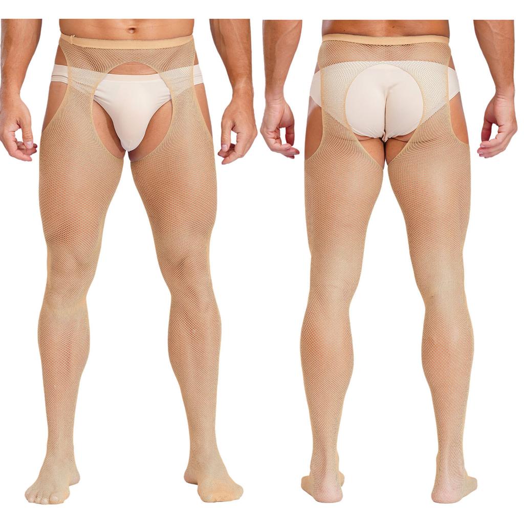 Mens Mid Waist Hollow Out Cutout Opening Crotch Tights Stockings Leggings Elastic Waistband Pantyhose