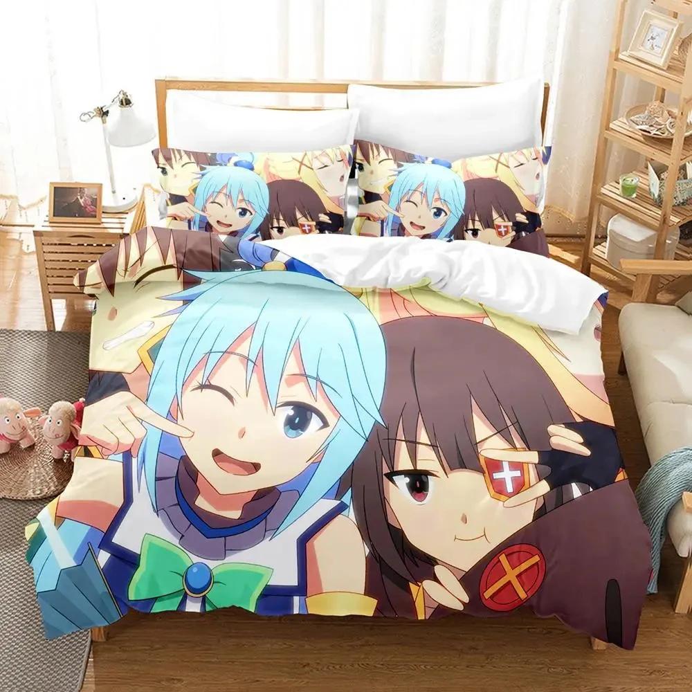 KonoSuba 3D Кавай Картонный Аниме Мягкий Комплект Пододеяльников для Взрослых Молодых Парней Спальни 2-местный 3-предметный Комплект Постельного Белья Мягкий Пододеяльник Комплект Постельного Белья