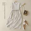 2023 Summer Artistic Retro Cotton-Linen Short Sleeve Lapel Tie Waist Swing Dress for Women