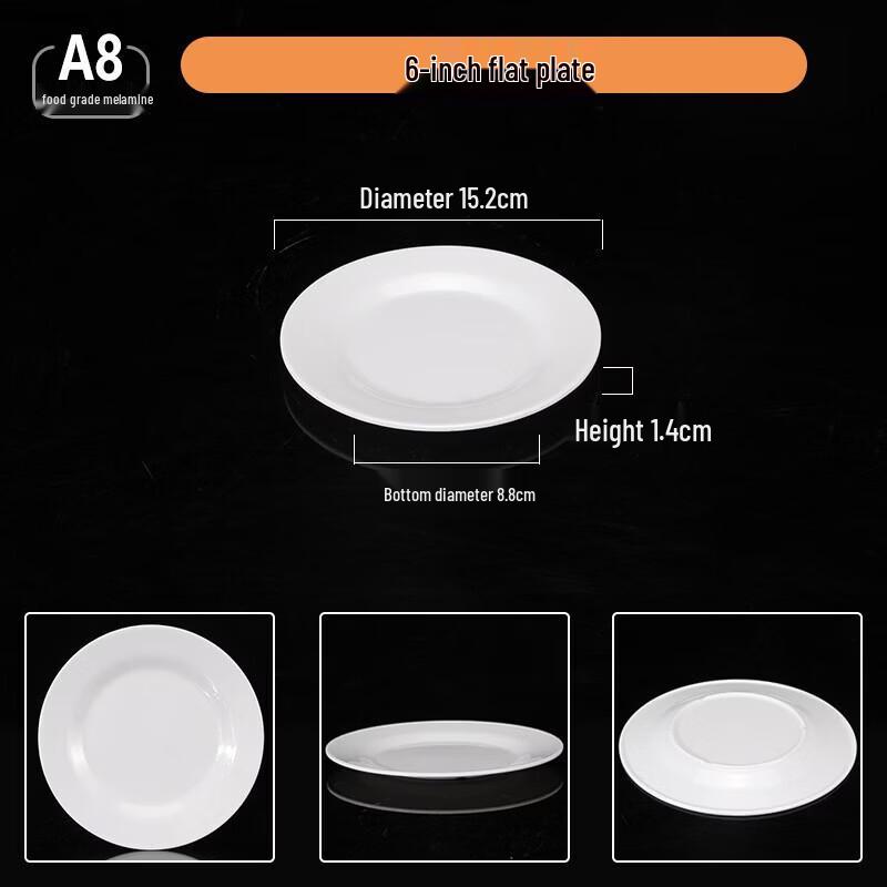 Jingyu 6-inch White Food Grade Melamine Flat Plates (2-Pack)