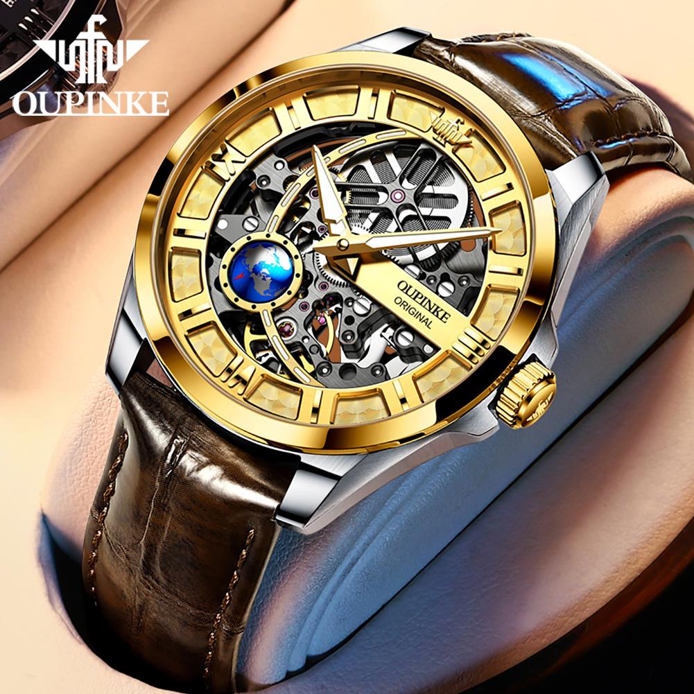 OUPINKE 3268 Man Automatic Watch Top Brand Hollow Deep Waterproof Mechanical Watch For Men Luxury Original Leather Wristwatch