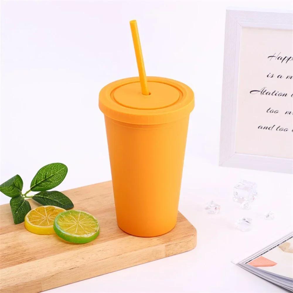 Candy Color Double-layer Plastic Straw Cup Coffee Cup Plastic Frosted Handy Water Cup Easy To Carry Straw Kettle Sports Bottle