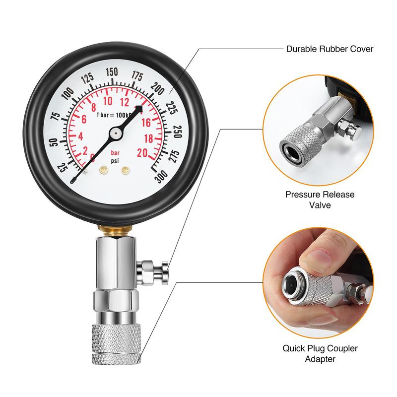 Engine Compression Meter with M10 M12 M14 M18 Adapter 0-300 PSI Pressure Gauge Automotive Cylinder Tester Kit