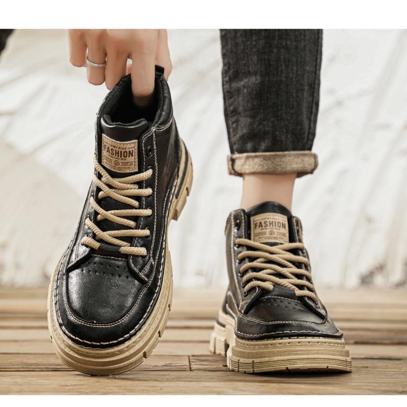 Men's High-top British Style Vintage Genuine Leather Casual Leather Shoes, Mid-top Waterproof Work Boots.