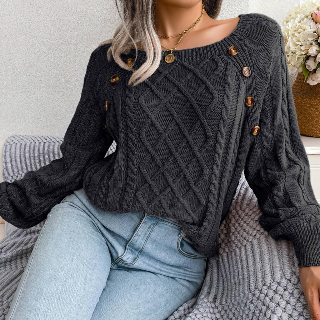 Women's Fashion Casual Solid Color Square Neck Button Cable Knit Pullover Sweater