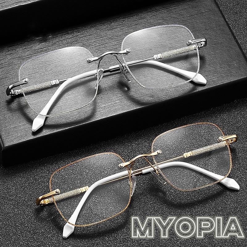 Anti Blue Light Myopia Glasses Rimless Frame Women Near Sight Eyeglasses Cutting Edge Light Frame Metal Short Sight Glasses