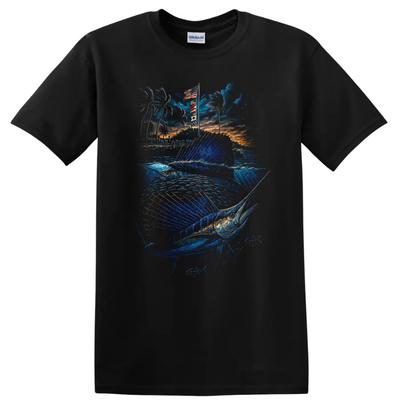 Fishing T Shirt Sea Blue Marlin W/ Tropical Sunset Palm Trees Tee
