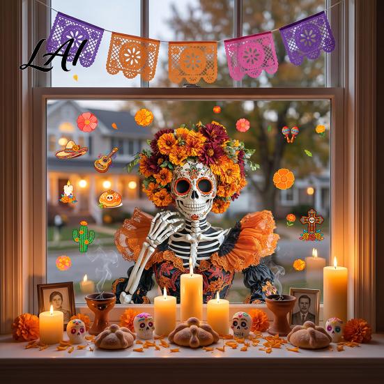 Celebration Accessories Day of The Dead Window Clings Halloween Double-Sided Skull Sticker Decals Colorful Flower Skeleton Static for Mexican House