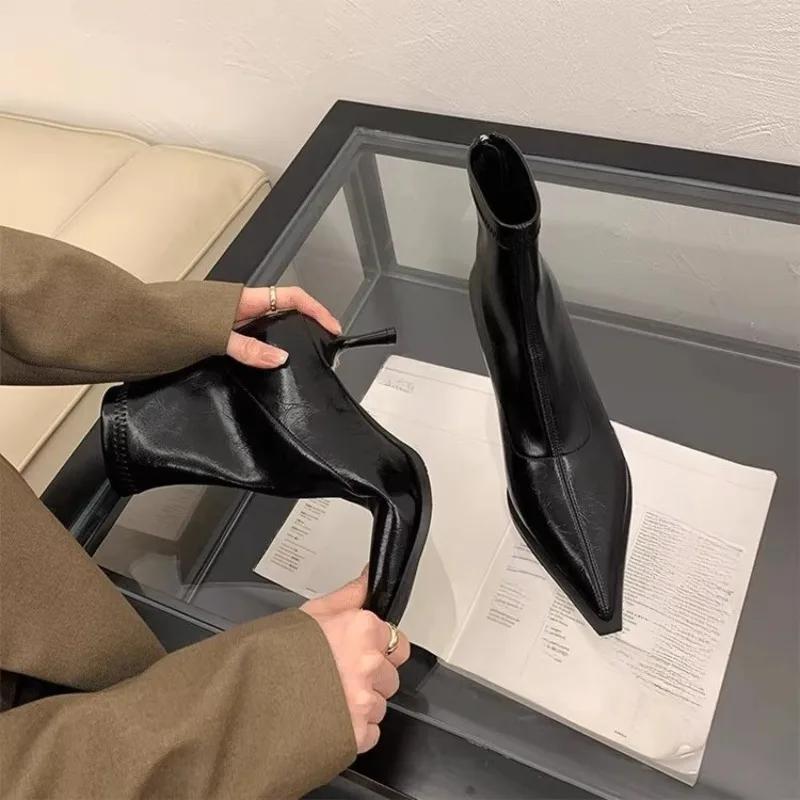 Модные ботильоны с острым носком Женские Осень/Зима 2025 Новые ботинки с коротким голенищем и высоким каблуком