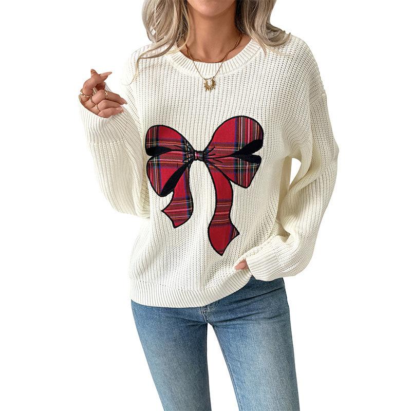 Women's Plaid Patchwork Bowknot Knitwear Pullover Sweater
