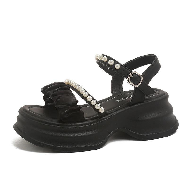 Босоножки на толстой подошве с жемчужной пряжкой, в стиле феи, женские, лето 2025, корейская версия, новые, повседневные пляжные сандалии на платформе, женские