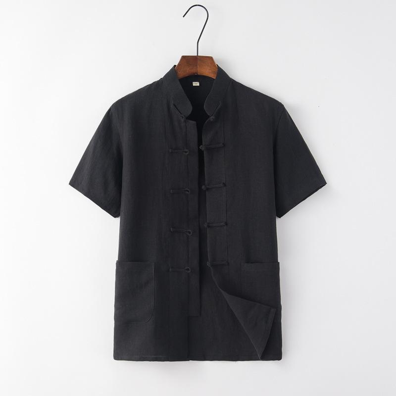 Мужской летний тонкий льняной костюм Танг - топ с короткими рукавами для людей среднего и пожилого возраста