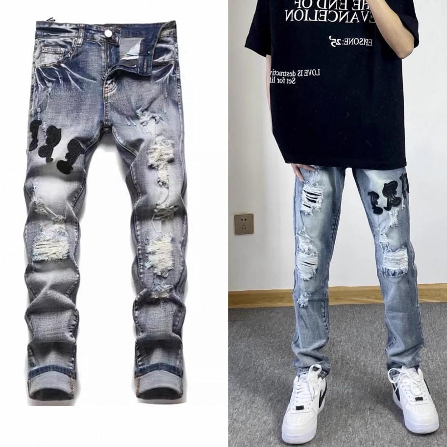 High Street Embroidered Anir Slim Fit Jeans - Men's Trendy Skinny Pants, Student Style