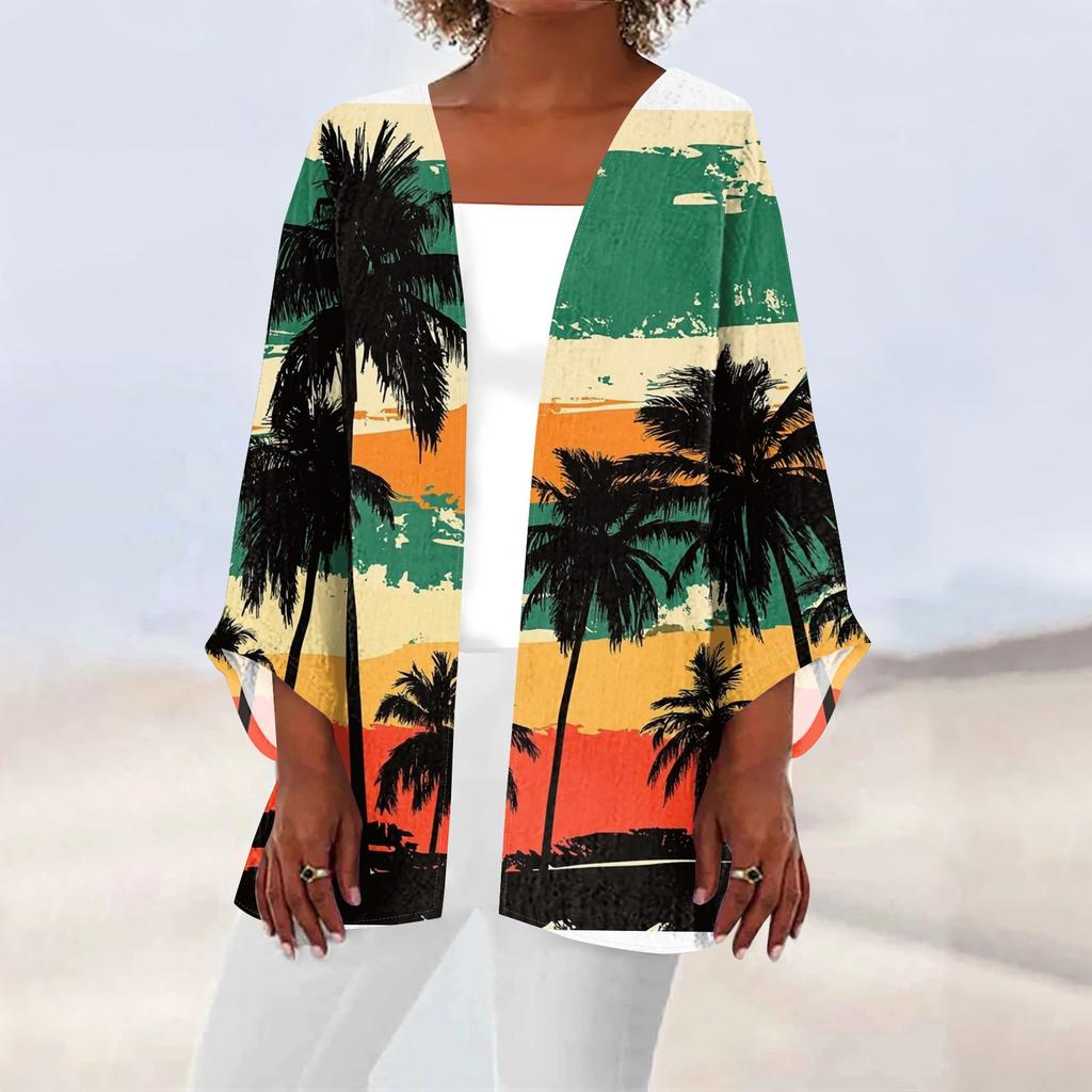 Women's Casual Fashion Beach Ocean Tree Print Lightweight Mid-Length Jacket Cardigan