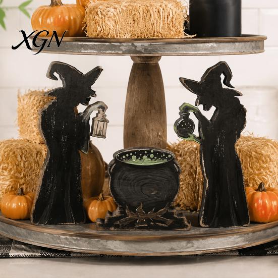 Decorative Witchy Silhouette Props 3Pcs Halloween Witch Cauldron Lantern Potion Bottle Table Decorations, Rustic Wooden Vintage Distressed Holiday