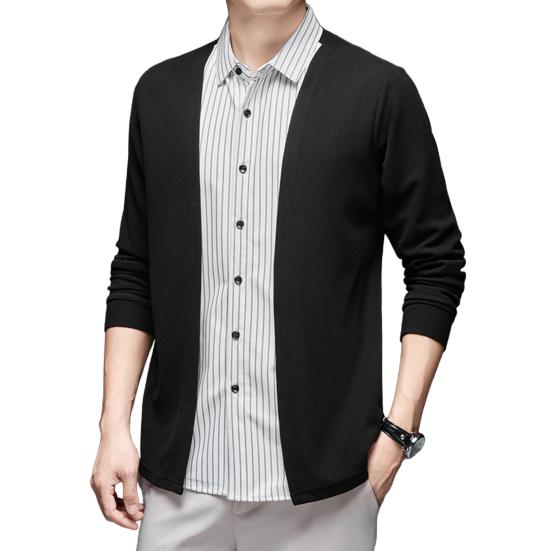 Мужская рубашка, имитация двухкомпонентного кардигана с отложным воротником, однобортная, в полоску, с длинными рукавами, подходящего цвета, трикотажная, официальная