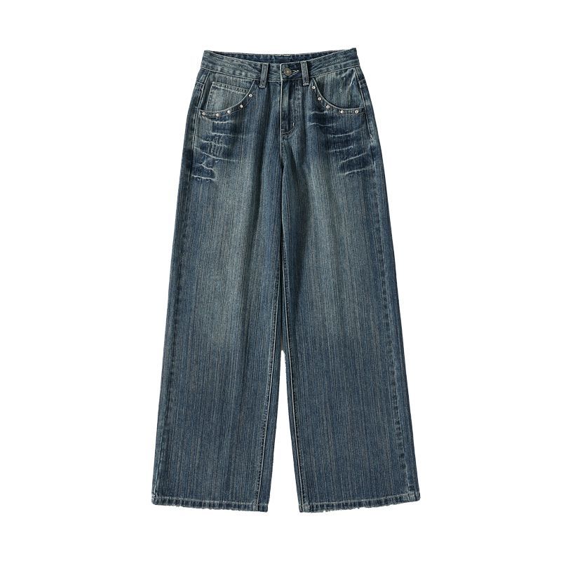 Retro blue jeans women's autumn and winter new god pants American medium and low waist rivet craft bamboo pattern wide-leg pants