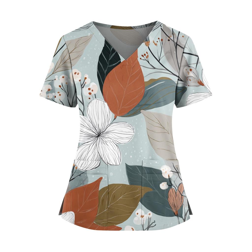 Женская модная рубашка с цветочным принтом, V-образным вырезом, двойным карманом, короткими рукавами, разрезом по низу и защитным рабочим топом