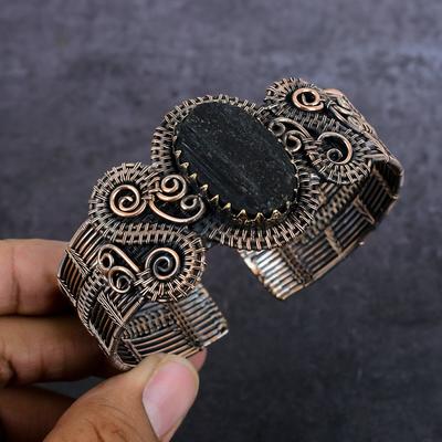 Браслет-манжета из натурального черного турмалина с медной проволокой, регулируемый b1B36