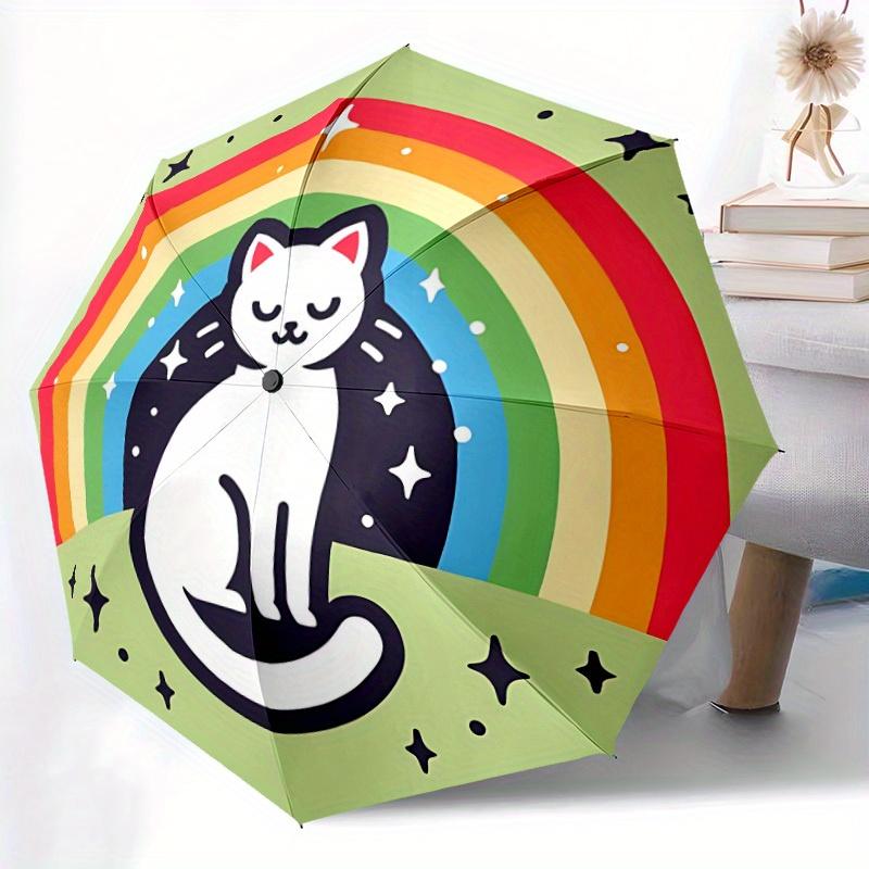 1pc Rainbow Cat Automatic Folding Umbrella Portable Collapsible Design, 8-Rib Iron Frame, Durable Fabric, All-Season Casual Outdoor 175