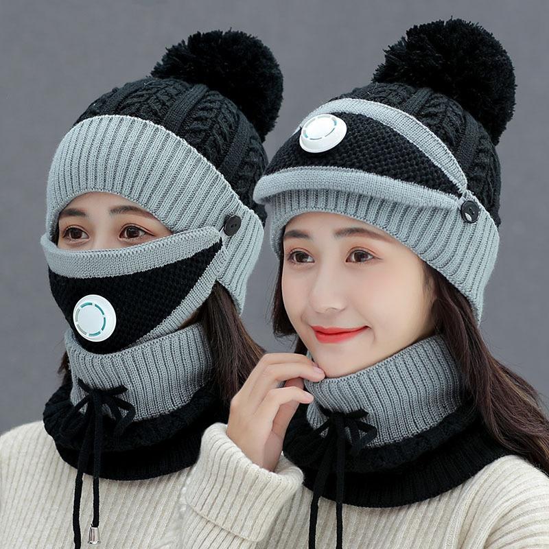 Autumn and Winter Woolen Hat Set Ladies Warm Plus Velvet Knitted Woolen Hat Bib Two-piece Woolen Hat
